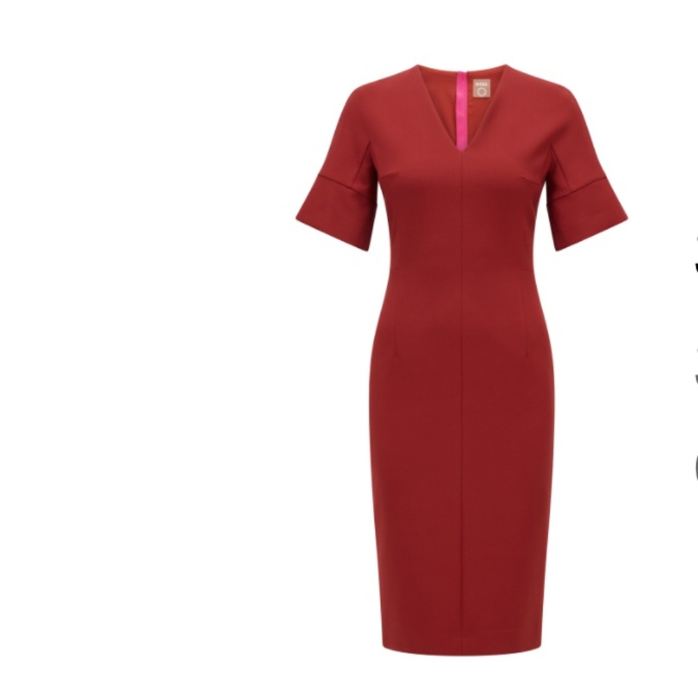 BOSS Slim fit Dark Red v-Neck Dress with short Sleeves and full zip back Sz 14